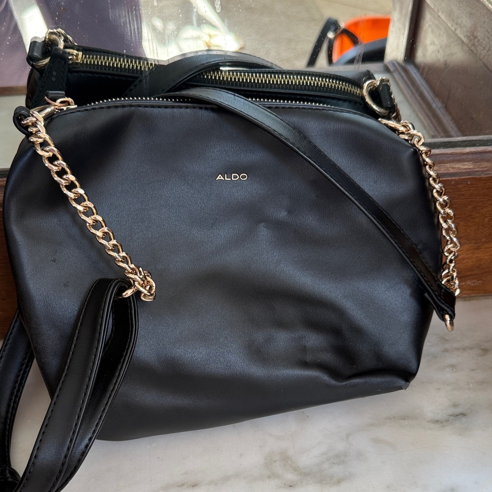Aldo Sleek Black Shoulder Bag with Gold Chain Accent